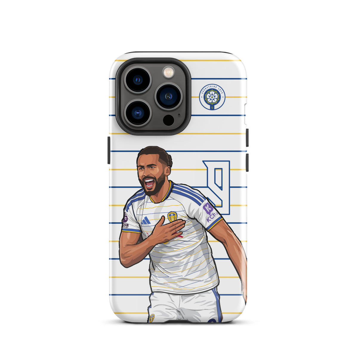 Tough iPhone case with blue-and-white stripes, Dominic Calvert-Lewin illustration, crest