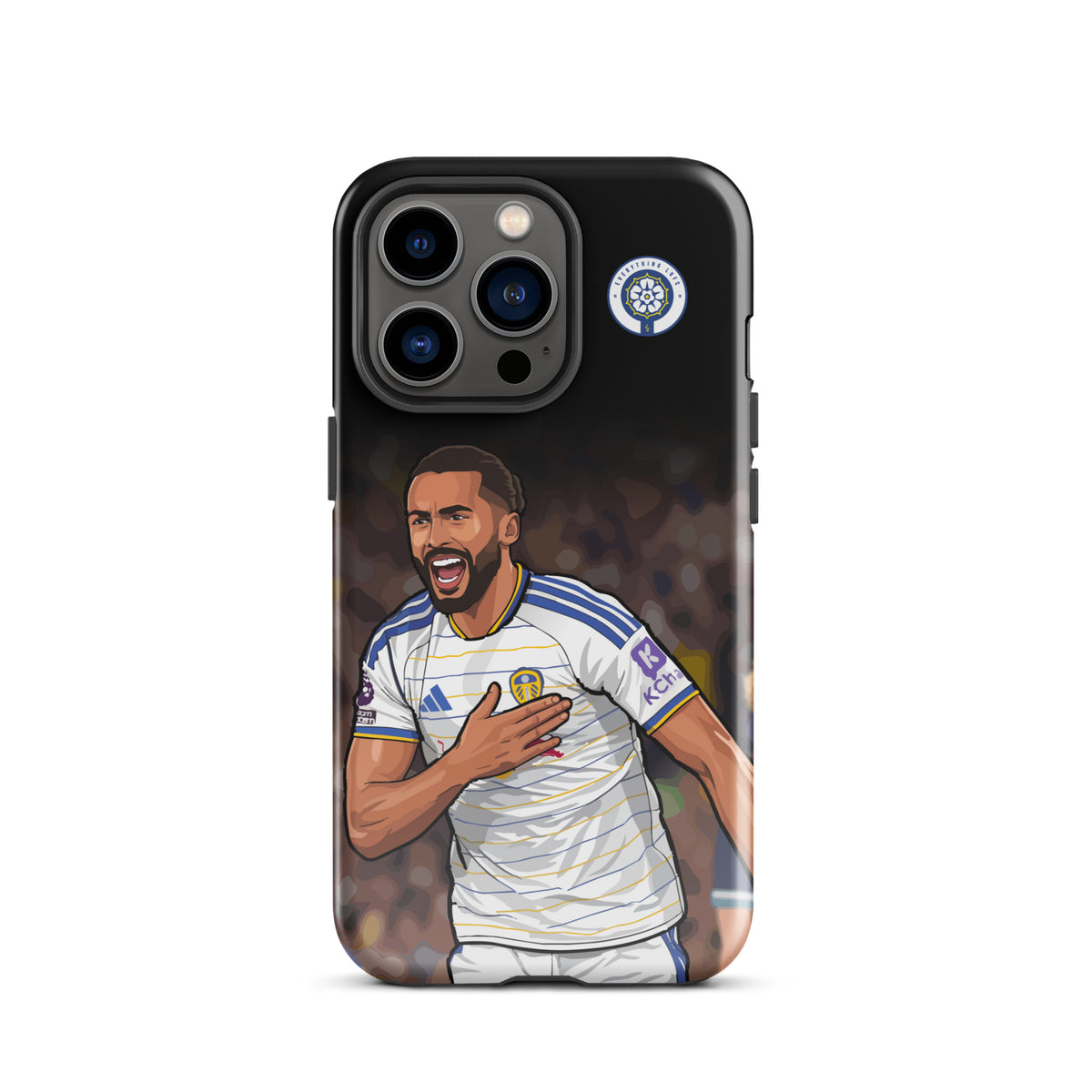 Tough black iPhone case with Calvert-Lewin artwork and Leeds United crest