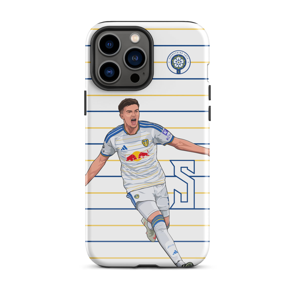 Tough iPhone case with blue-and-gold stripes, soccer player graphic, and camera cutouts.