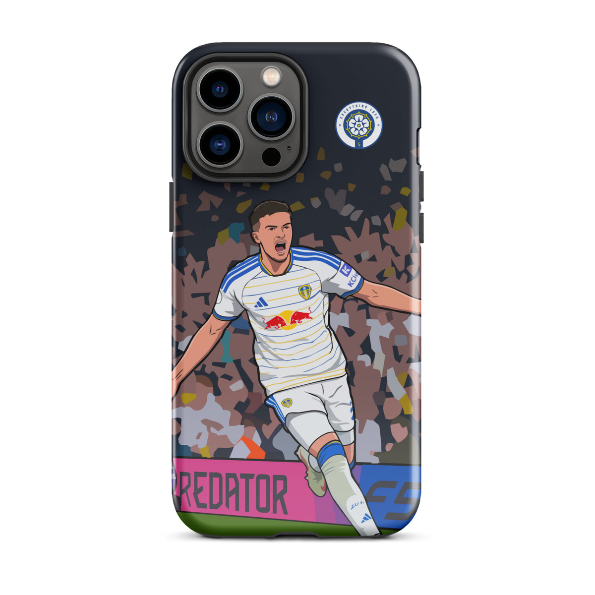 Tough phone case with dark navy base and soccer player celebration graphic