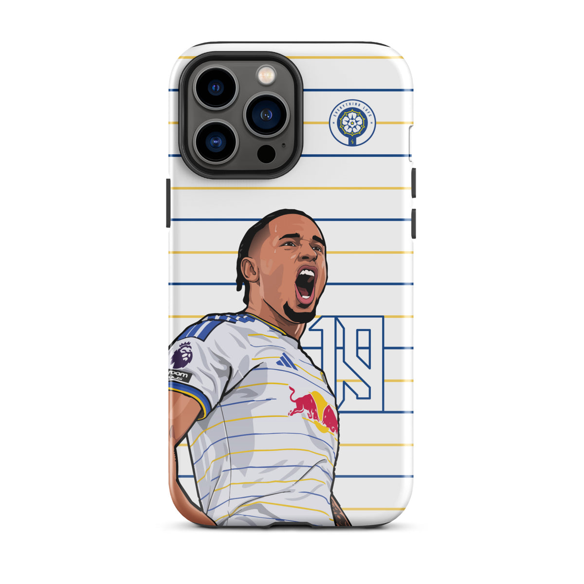 Tough iPhone case with blue-and-yellow stripes and cheering player illustration