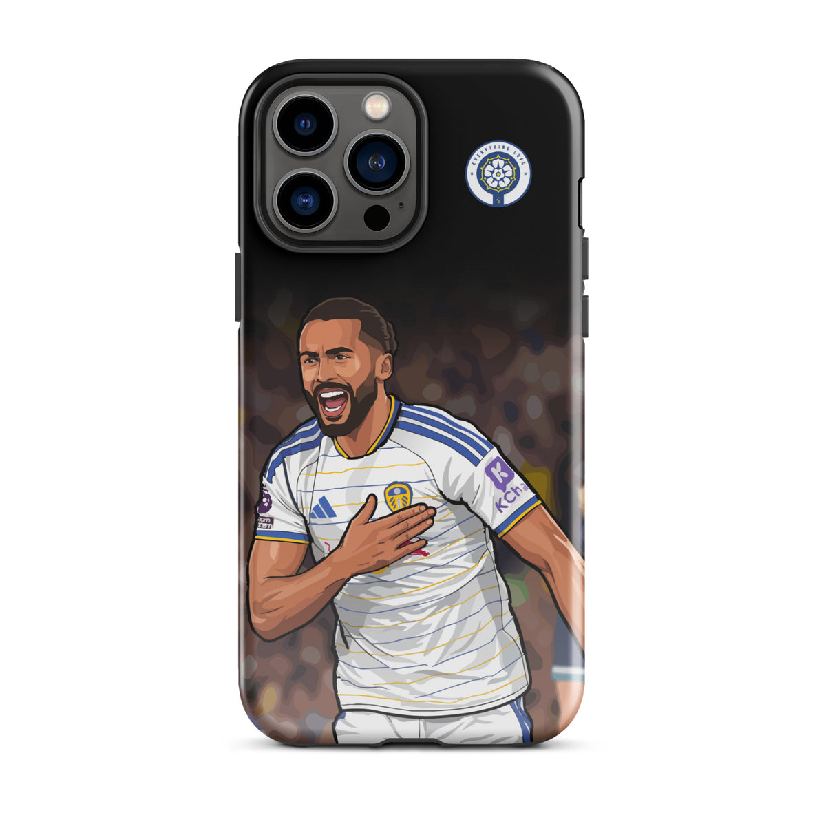 Tough iPhone case with Leeds United crest and Calvert-Lewin player graphic