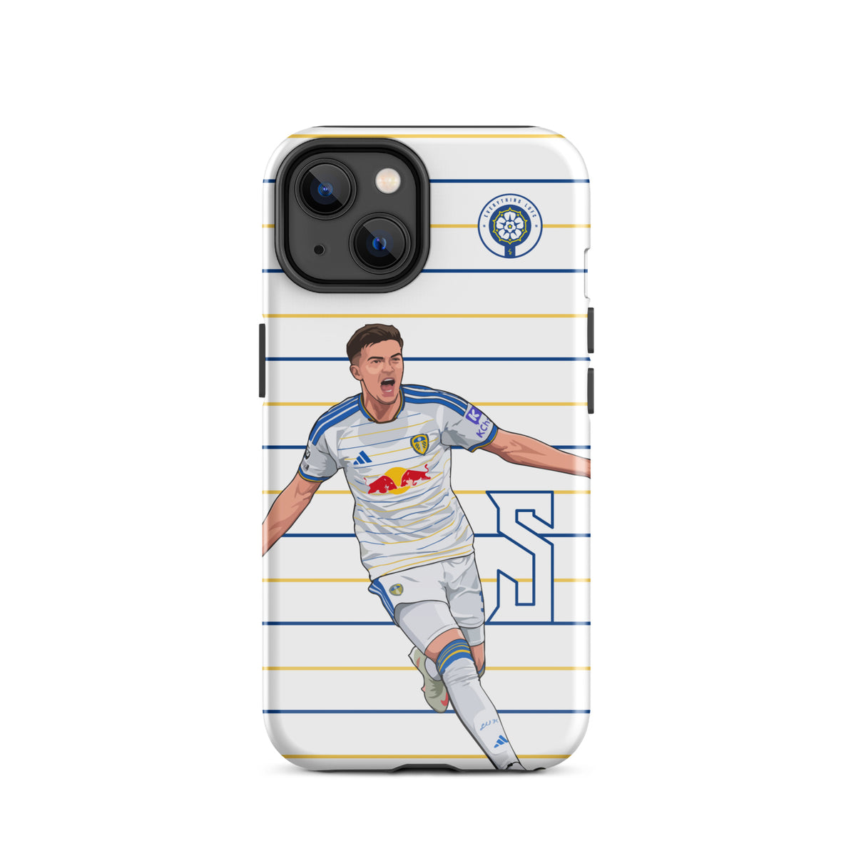 Tough iPhone case showing blue-and-gold stripes, soccer player graphic, and rear camera area.