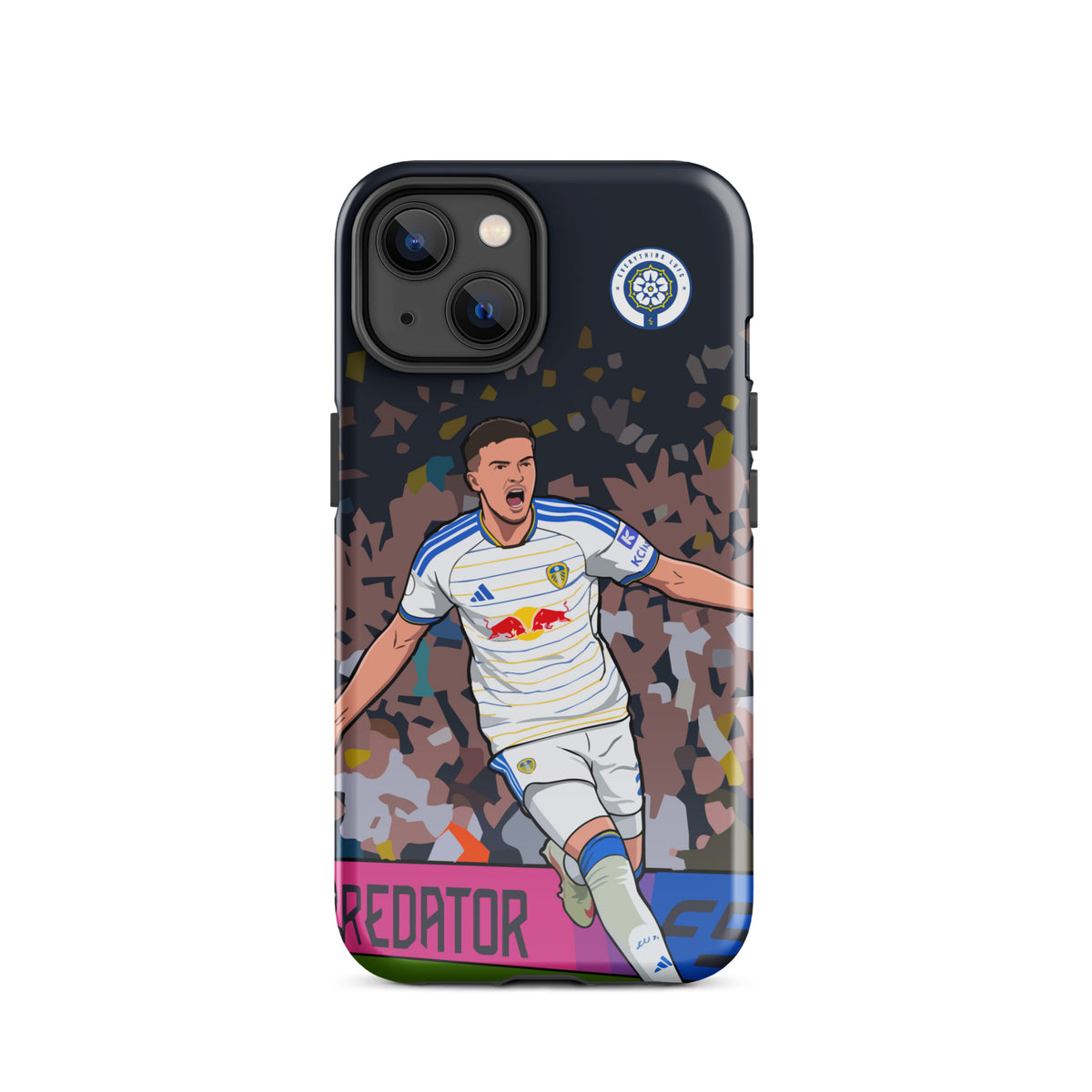 Tough phone case with dark navy base, soccer player graphic and club badge