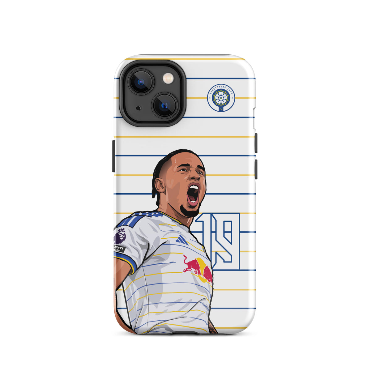 Tough iPhone case featuring striped player graphic, black camera openings
