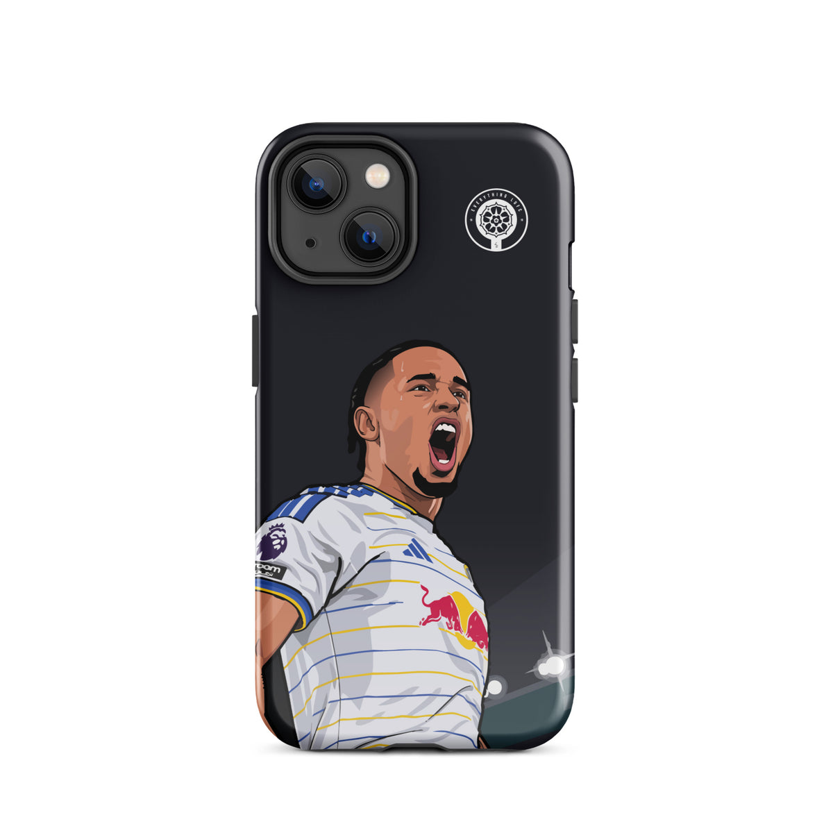 Black tough iPhone case with Okafor celebration graphic, crest badge, striped jersey detail, triple-camera cutouts.