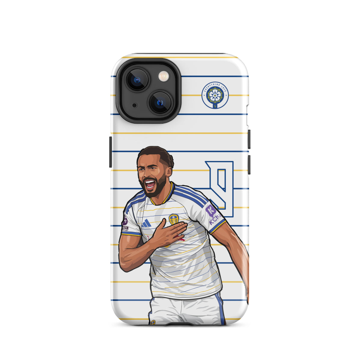 Tough iPhone case featuring Calvert-Lewin celebrating on a blue-and-white striped background
