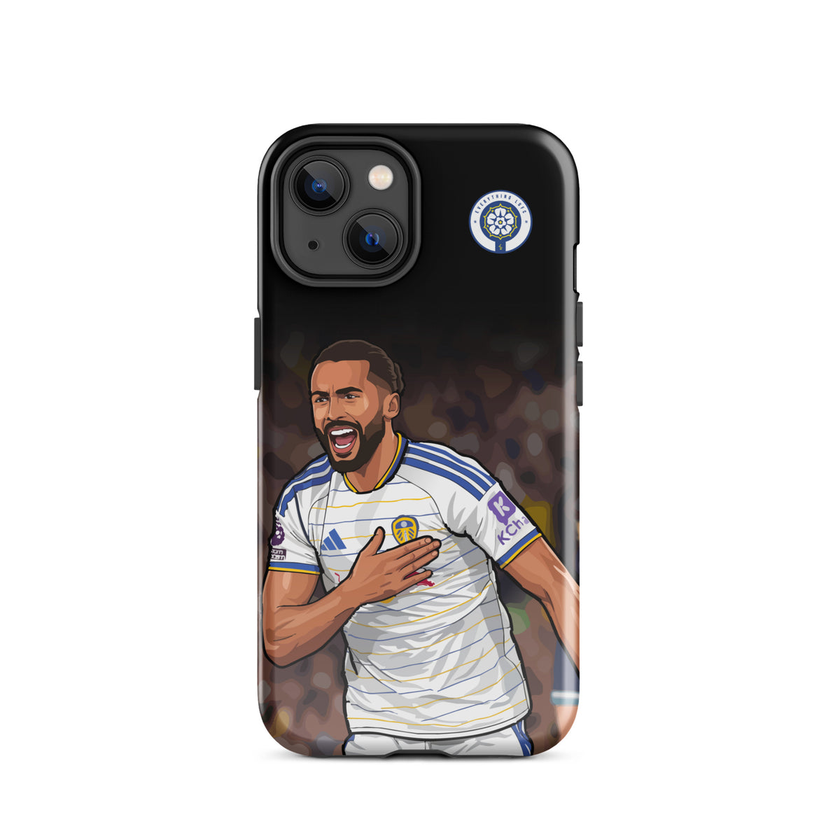 Tough iPhone case showing Calvert-Lewin in white kit with Leeds United crest