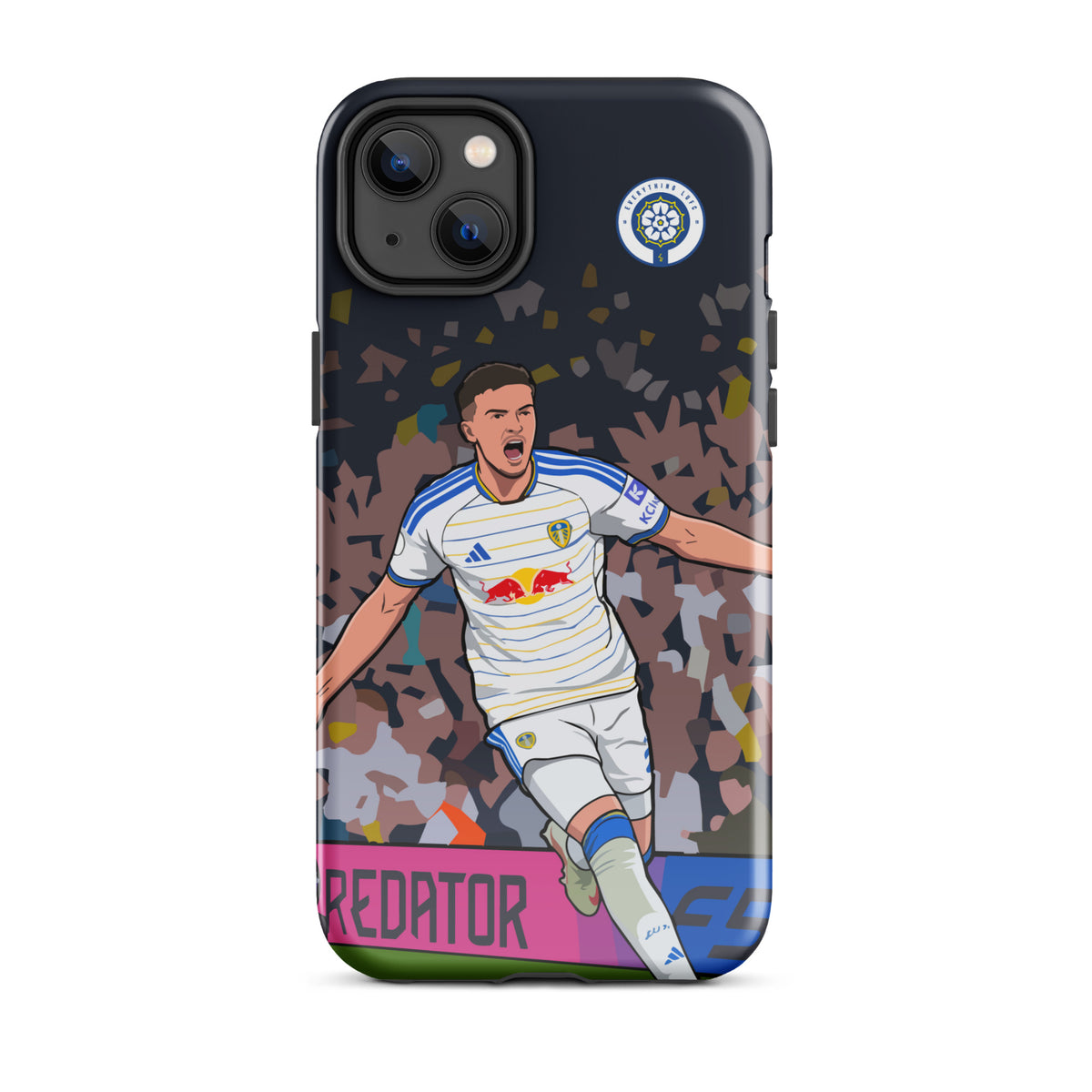 Tough phone case showing soccer player in white kit on dark camo background