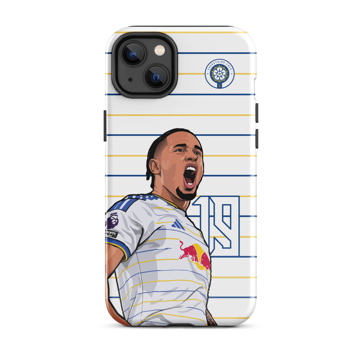 Tough iPhone case with white, blue, and yellow stripes and player celebration art