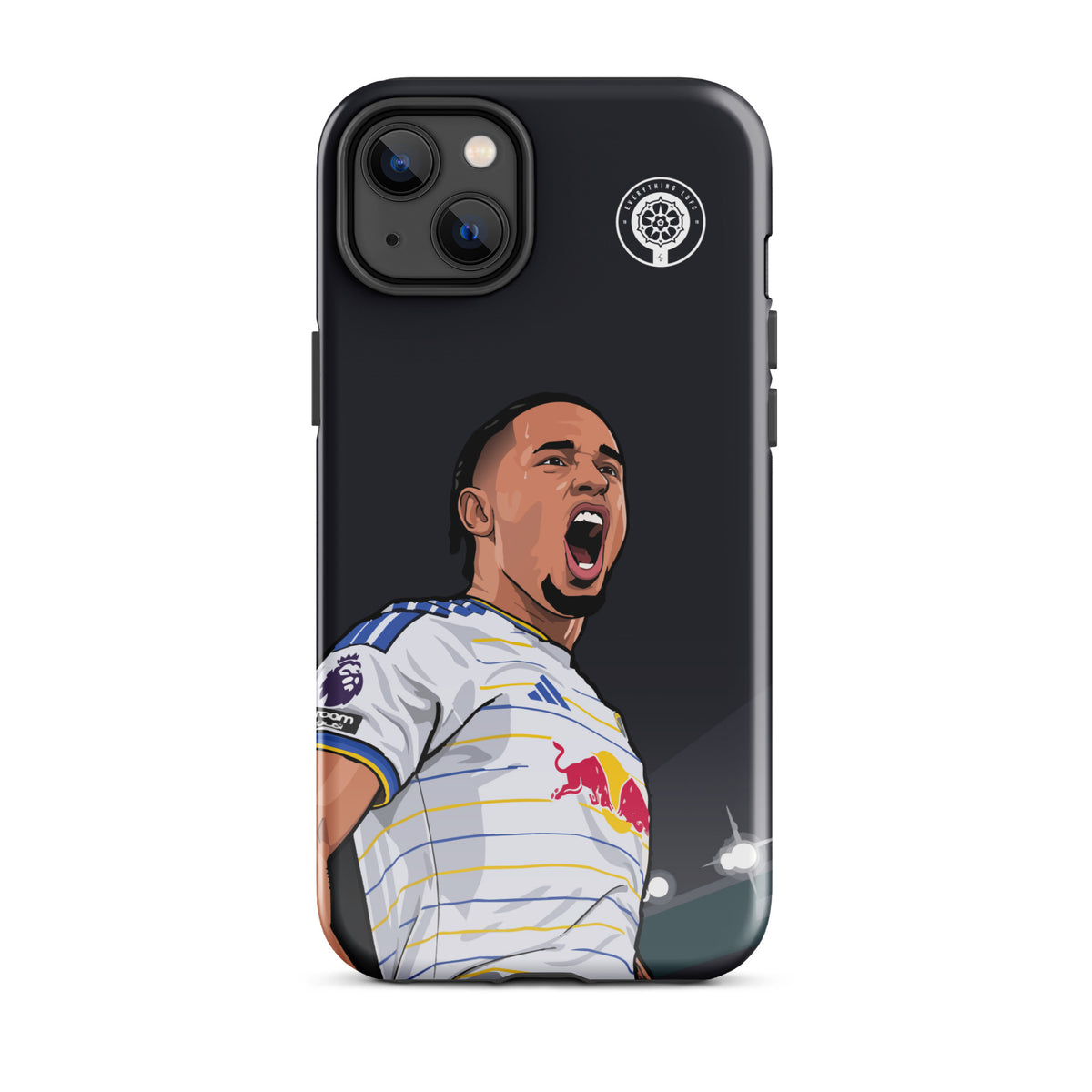 Black tough iPhone case featuring Okafor shouting in white striped jersey, crest badge, triple-camera cutouts.