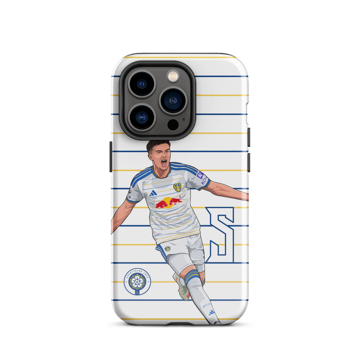 Tough iPhone case with blue-and-yellow striped player graphic and triple camera cutout
