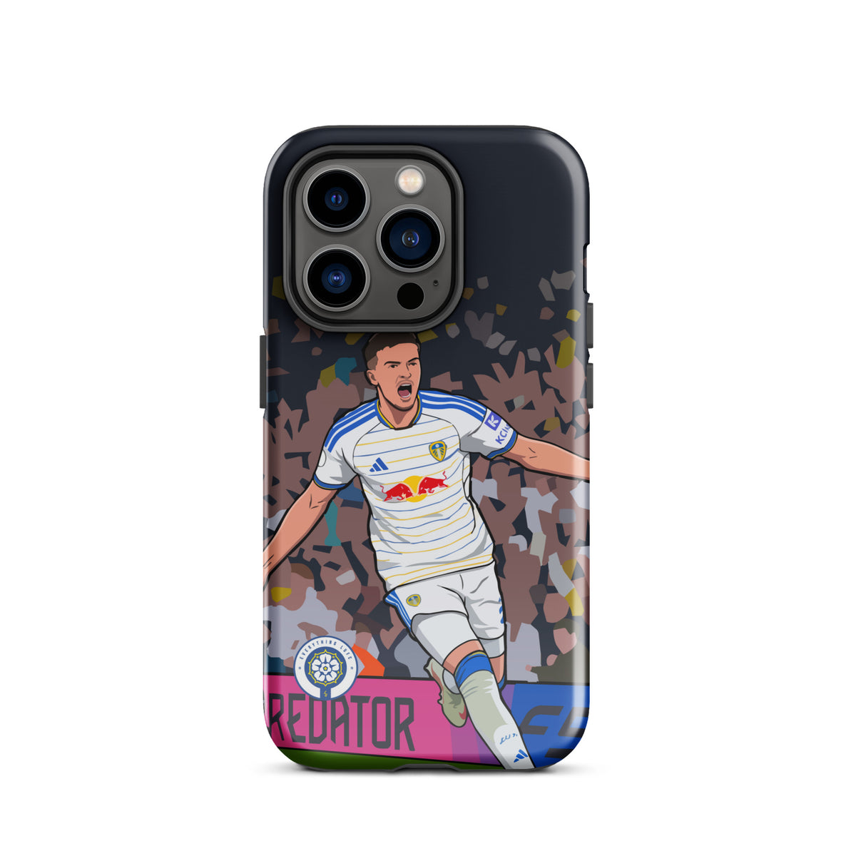 Dark tough iPhone case with player celebration graphic, confetti background, vertical triple camera lenses