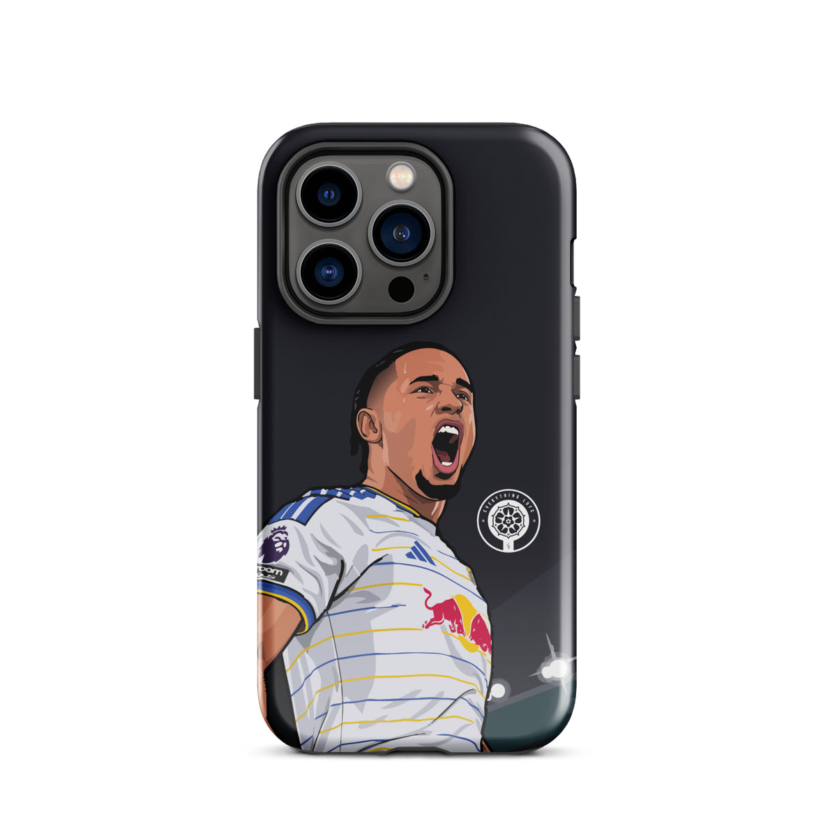 Tough iPhone case with dark back and Noah Okafor celebration portrait overlaid on jersey graphic
