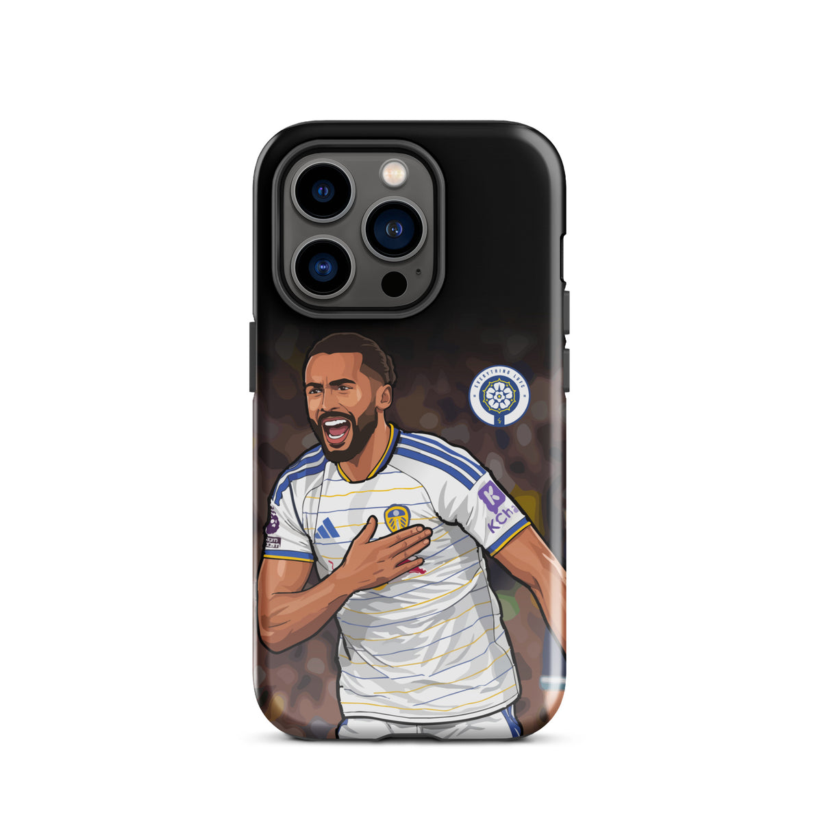 Tough iPhone case with Calvert-Lewin artwork, black border, and Leeds club badge