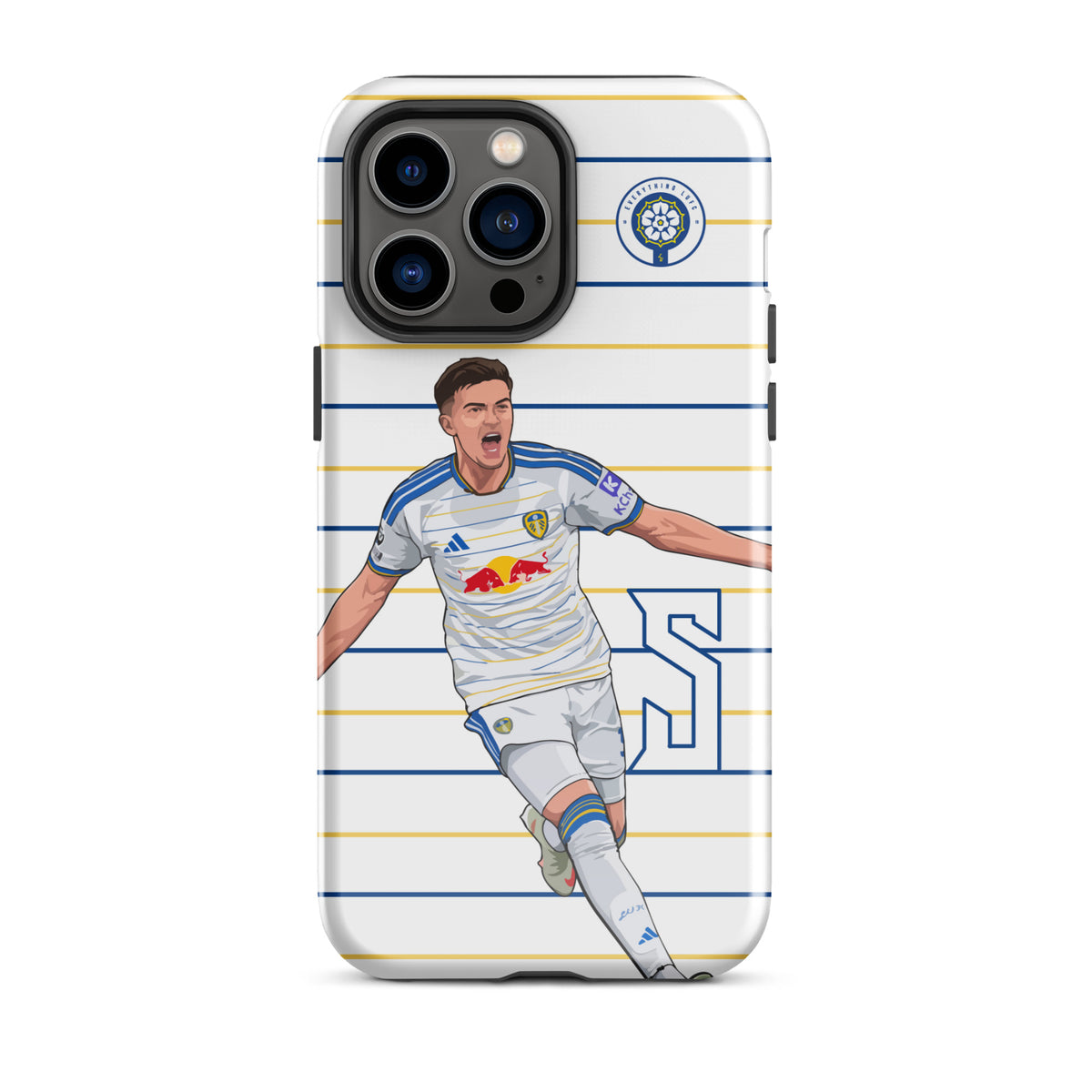 Tough iPhone case featuring blue-and-gold stripes, soccer player artwork, and camera lens cutouts.
