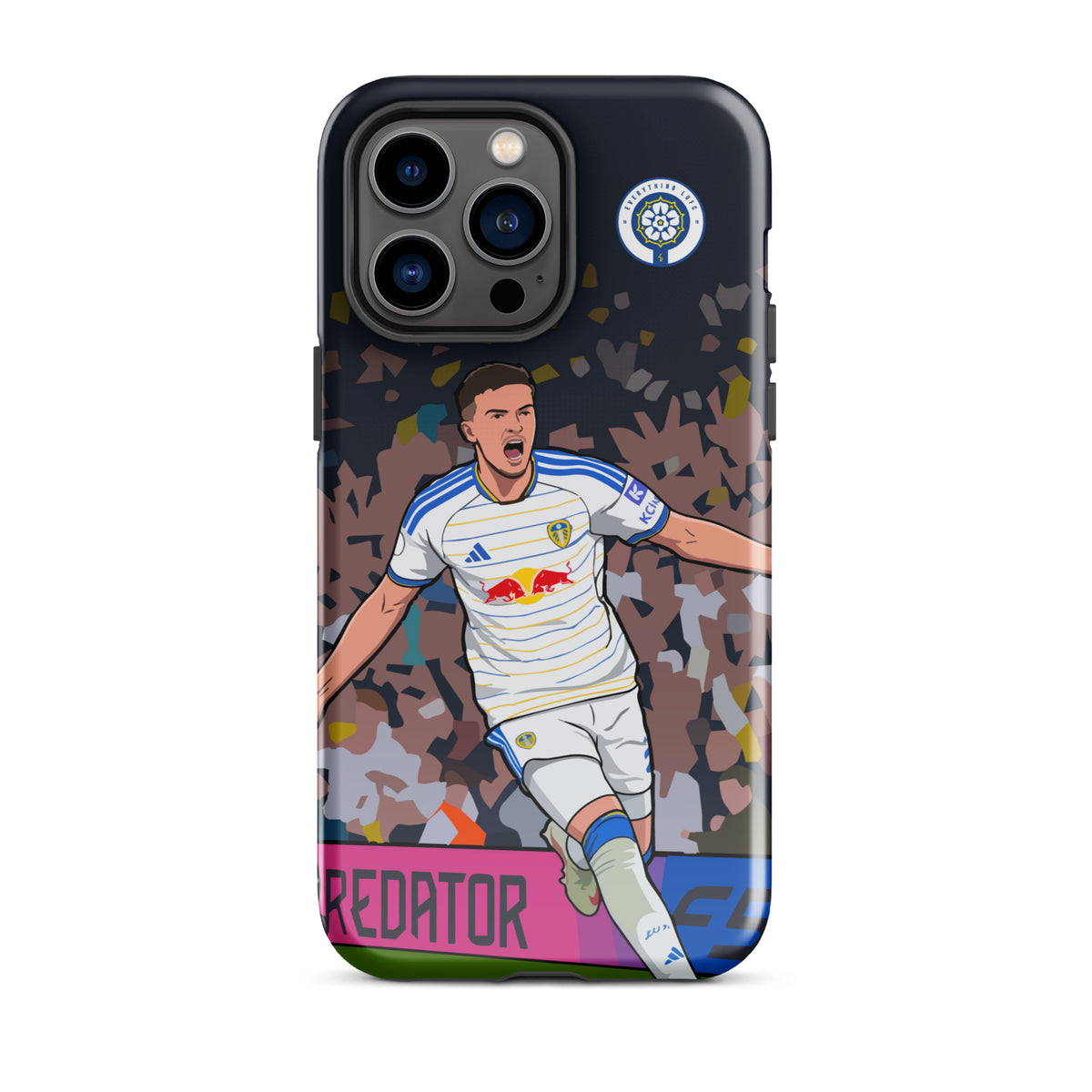 Tough phone case with player illustration, camera cutouts, and blue badge
