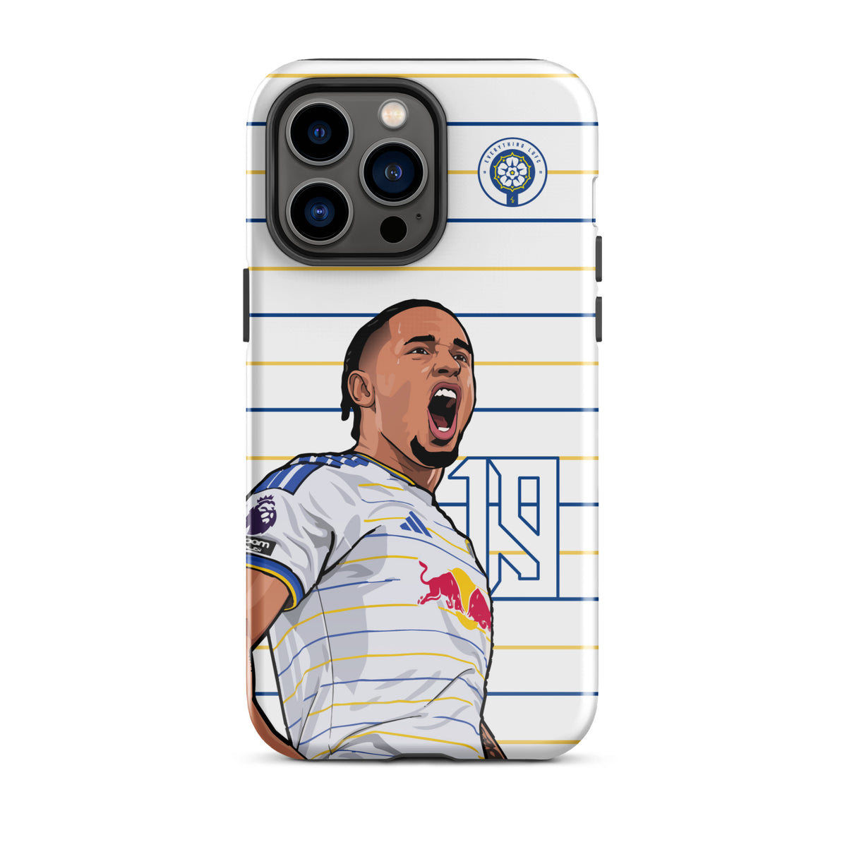 Tough iPhone case with white-and-blue stripes, Leeds United crest, player celebration art