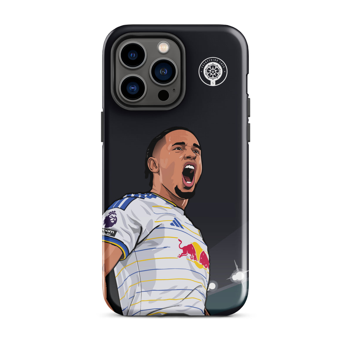 Black tough iPhone case with Okafor cheering graphic, crest badge, white striped jersey, triple-camera cutouts.