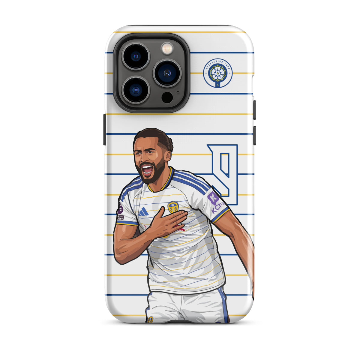 Tough iPhone case showing Calvert-Lewin celebrating with blue-and-white stripes and club crest