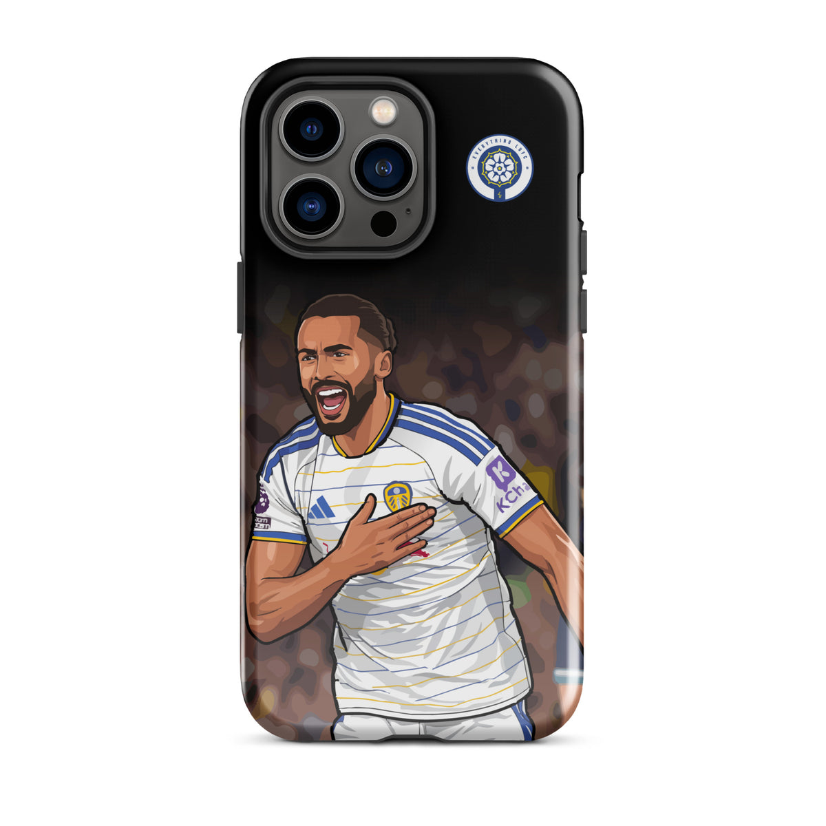 Tough iPhone case with Calvert-Lewin artwork across a dark background and crest