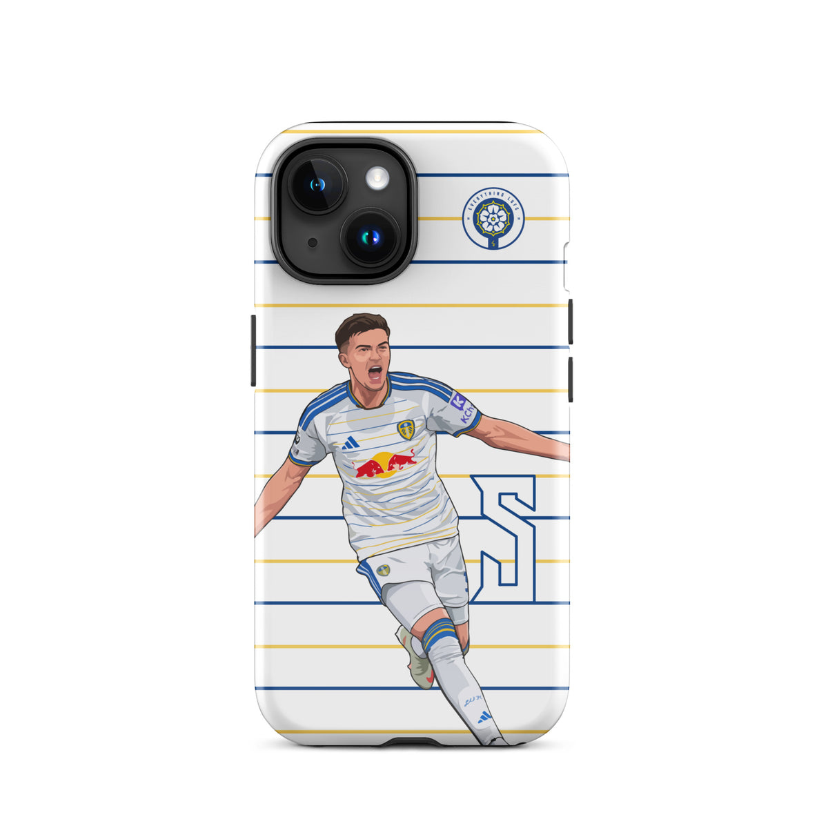 Tough iPhone case with blue-and-gold horizontal stripes, soccer player graphic, and camera bump.