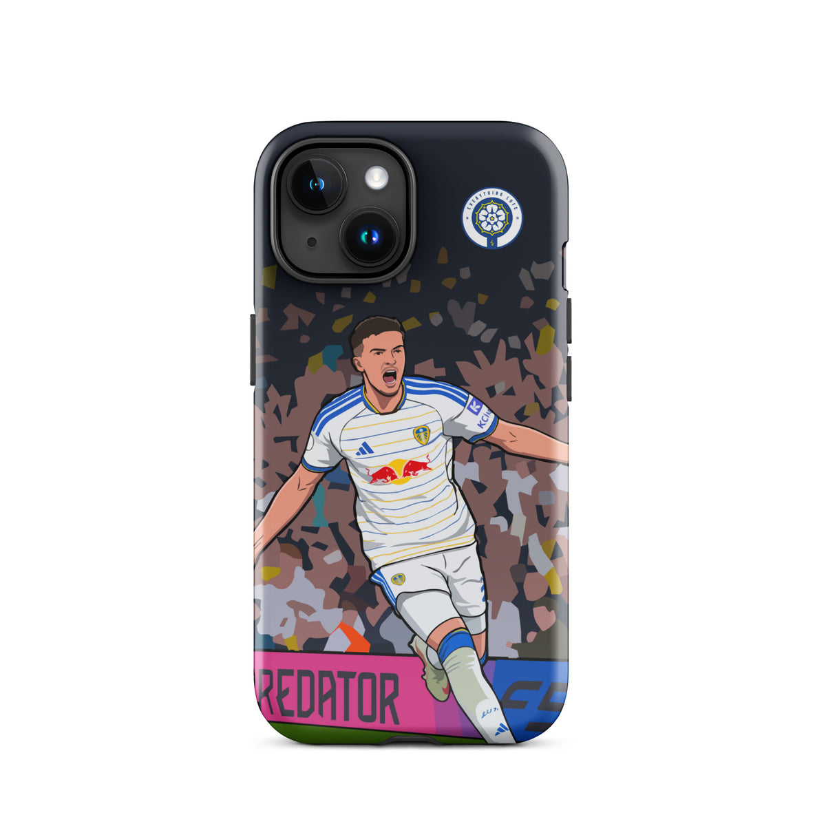 Tough phone case with soccer player graphic, REDACTOR text, and neon green base