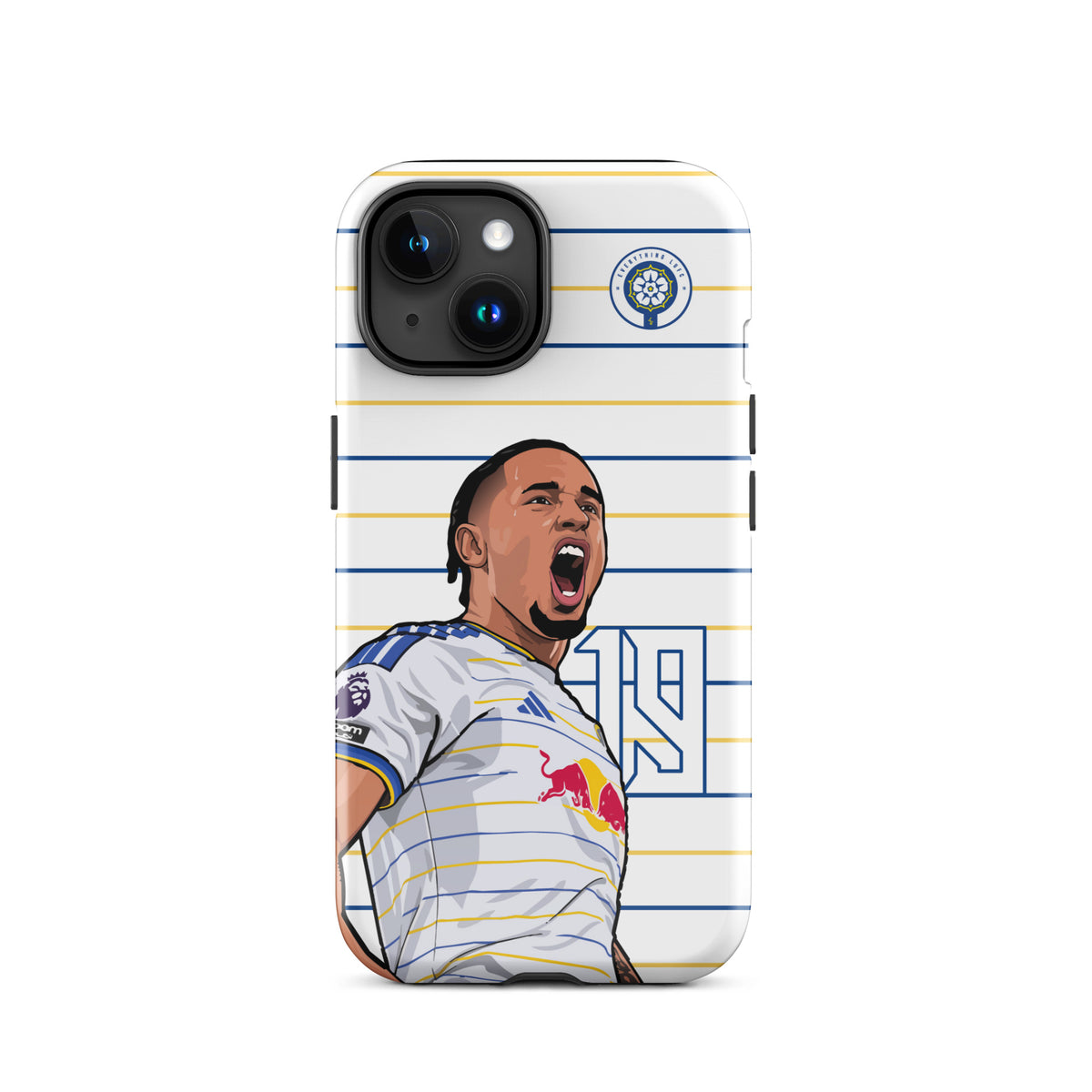 Tough iPhone case with striped design and cheering player graphic, raised camera ring