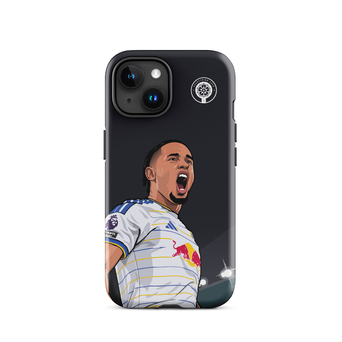 Black tough iPhone case with Okafor celebration artwork, crest badge, jersey graphic, triple-camera cutouts.