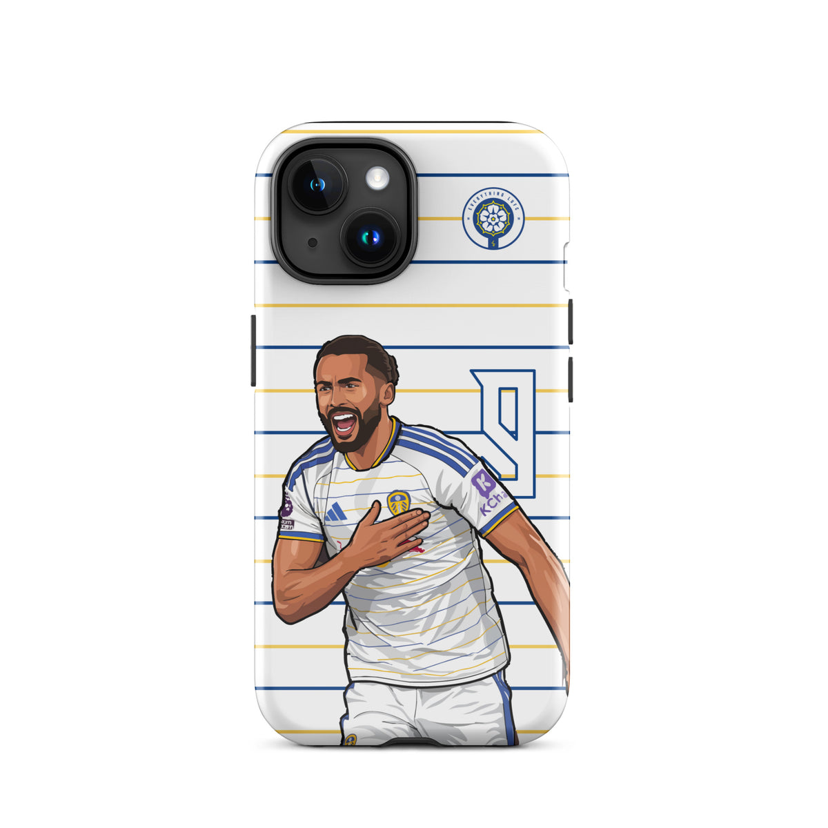 Tough iPhone case with blue-and-white horizontal stripes and Calvert-Lewin illustration