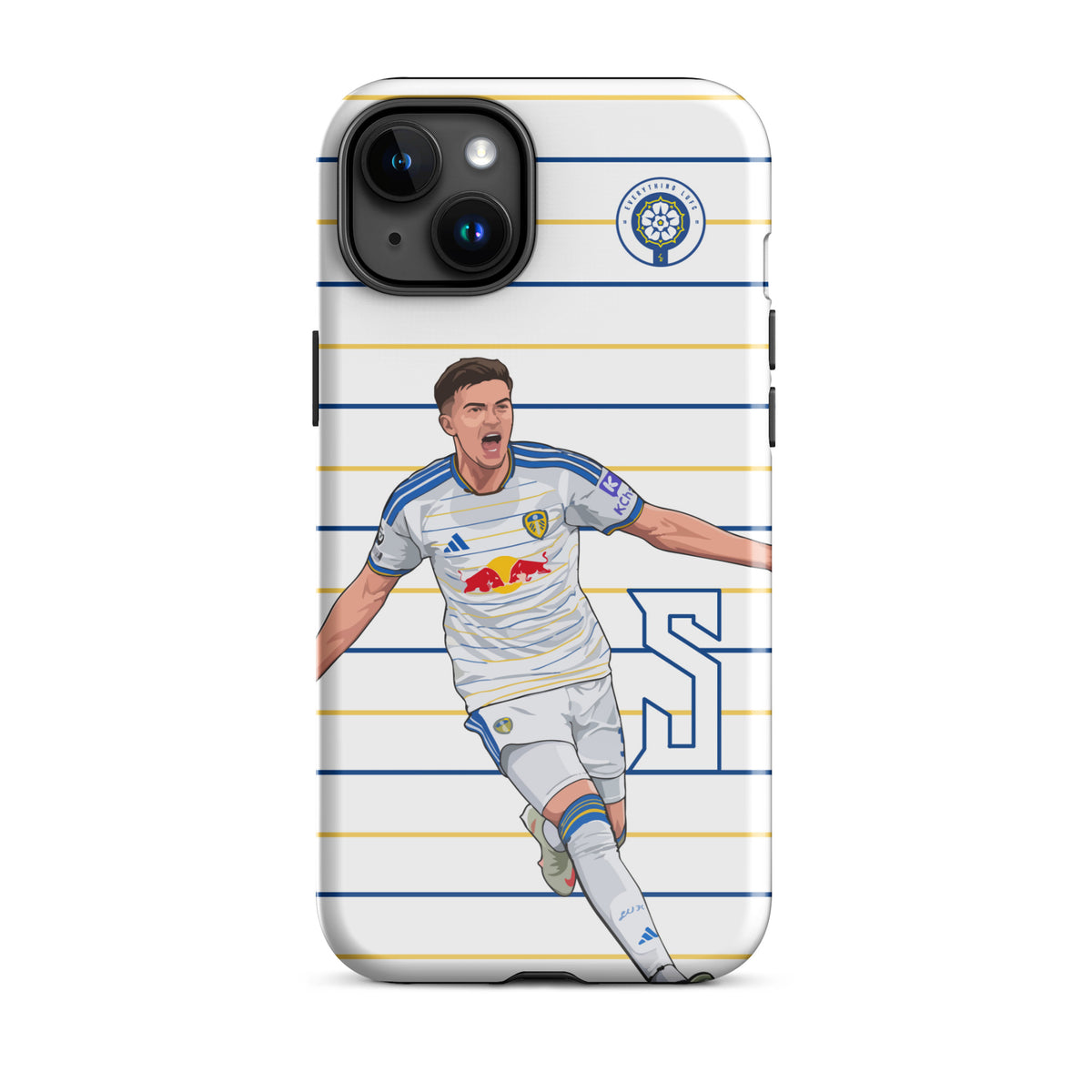 Tough iPhone case with blue-and-gold stripes and soccer player illustration, showing rear camera.