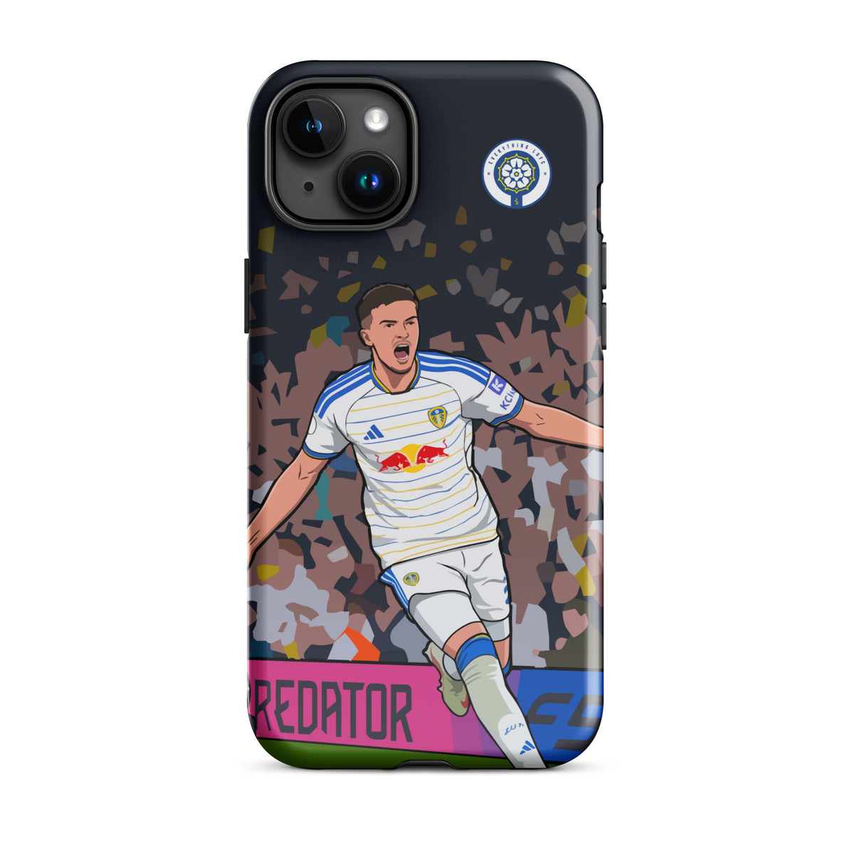 Tough phone case with player illustration and visible camera lens openings