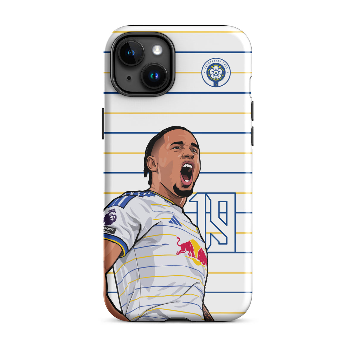 Tough iPhone case with striped player artwork and black camera module cutouts