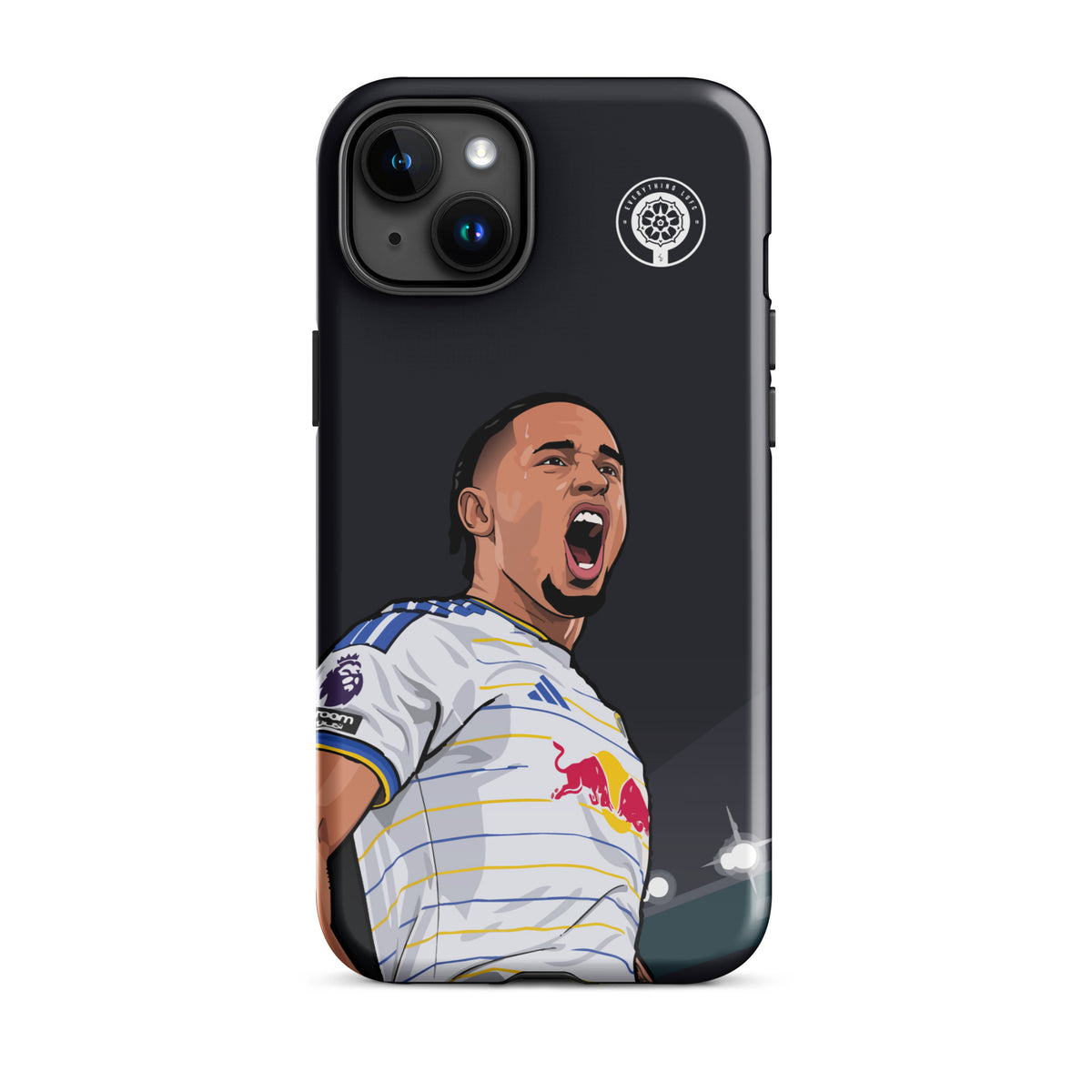 Black tough iPhone case showing Okafor mouth-open celebration graphic, crest badge, triple-camera cutouts.
