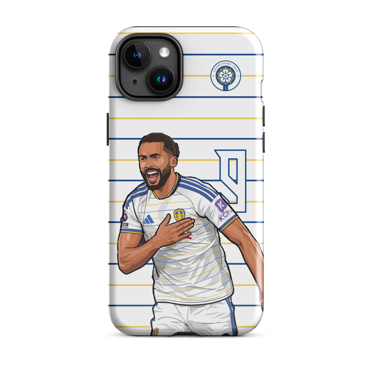 Tough iPhone case with Calvert-Lewin celebration artwork, stripes, and visible camera area