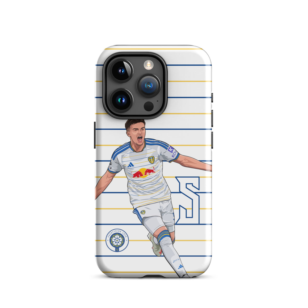 Tough iPhone case showing full player artwork on blue-and-yellow horizontal stripes
