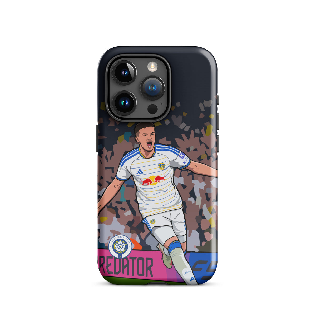 Dark tough iPhone case with player celebration graphic, confetti background, vertical triple camera cutouts