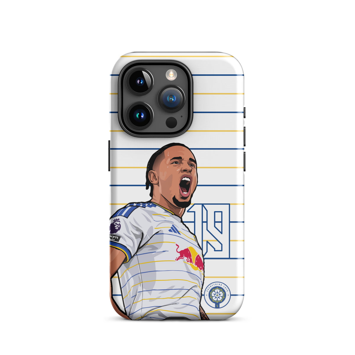Tough iPhone case with triple-lens camera cutout and player celebration on blue-yellow stripes