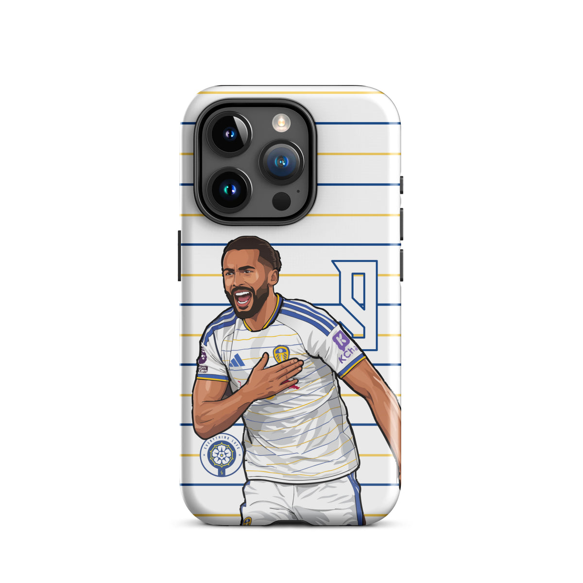 Tough iPhone case with large camera cutout and football player celebrating artwork