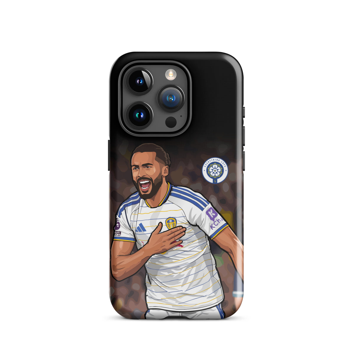 Tough iPhone case featuring Calvert-Lewin in white kit with Leeds badge detail