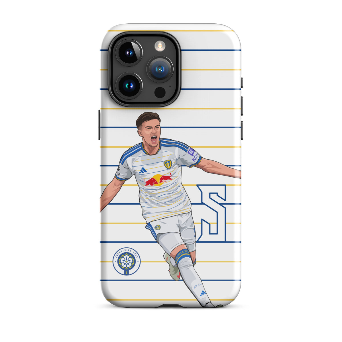 Tough iPhone case with centered player pose on blue-and-yellow striped background
