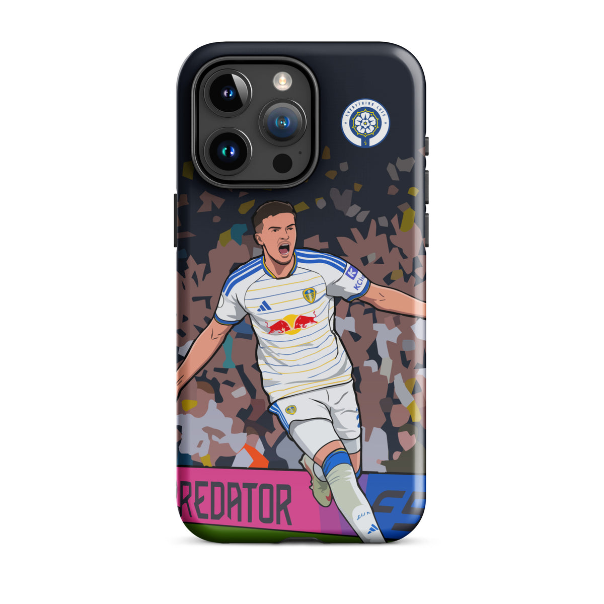 Tough iPhone case with navy background and footballer celebration graphic, raised camera cutouts