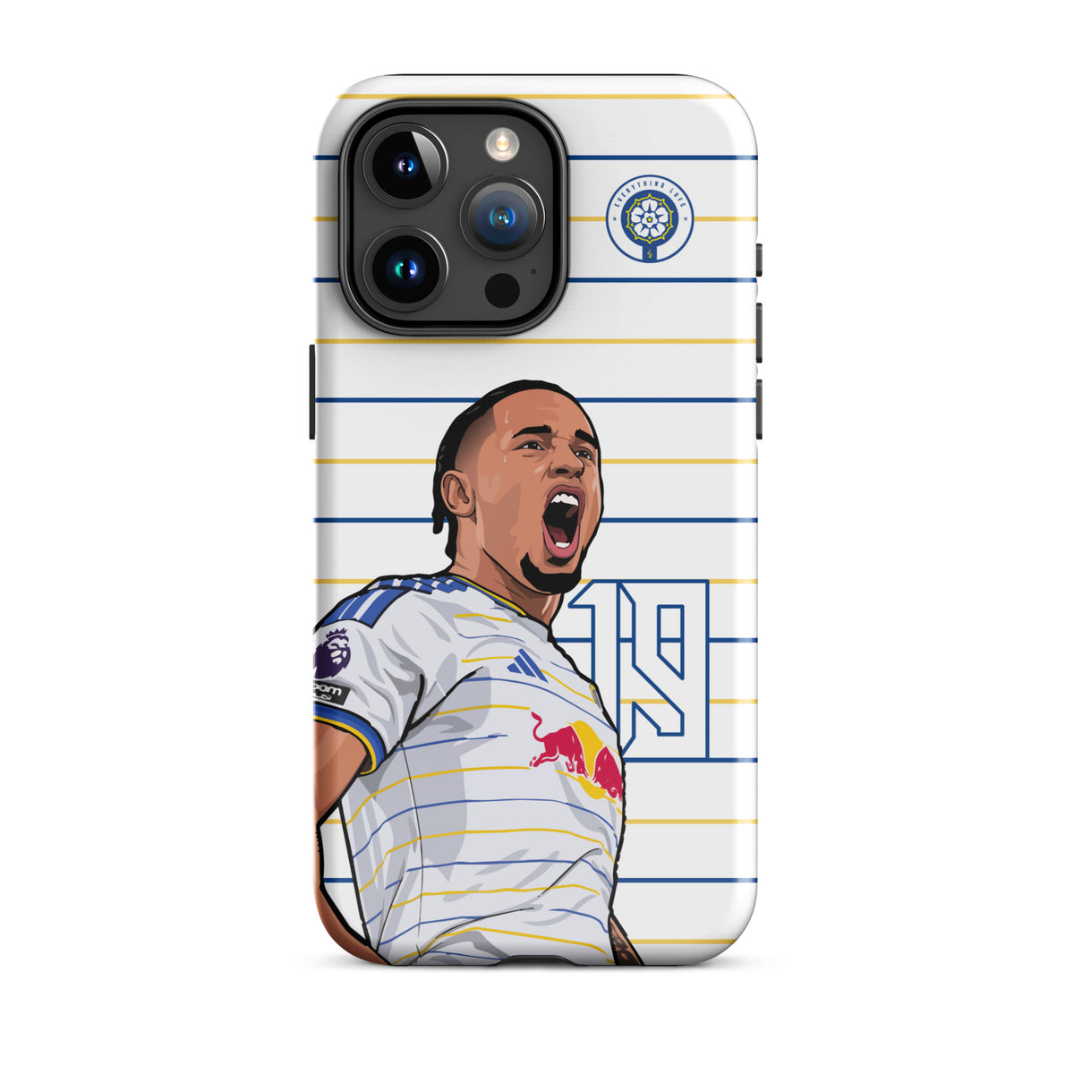 Tough iPhone case with blue-and-yellow horizontal stripes and cheering player illustration