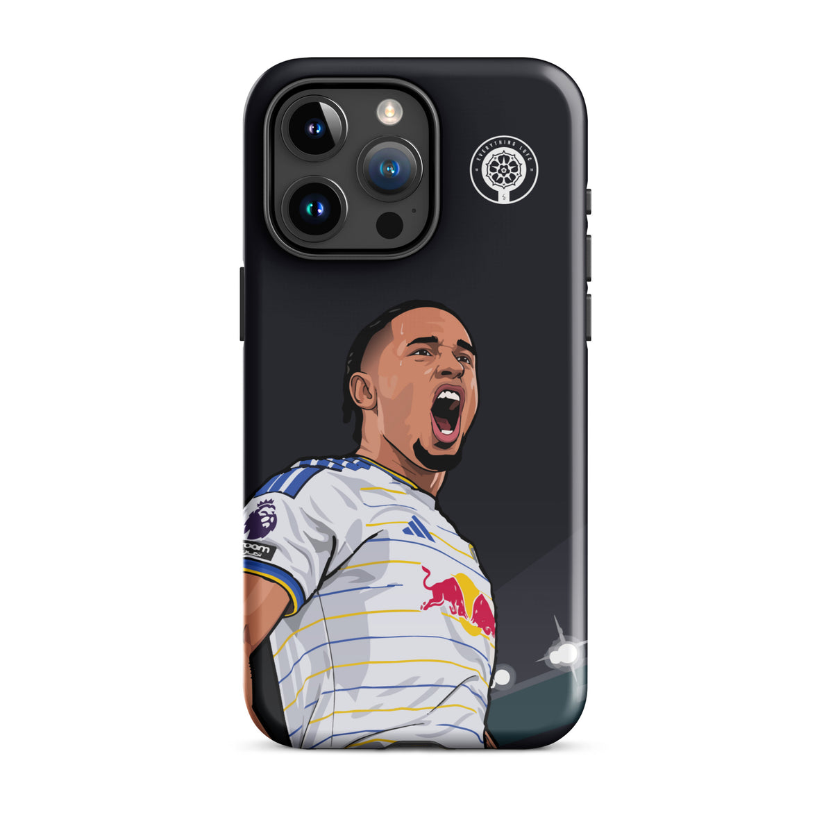 Black tough iPhone case with Okafor cheering in striped jersey, crest badge, triple-camera cutouts.