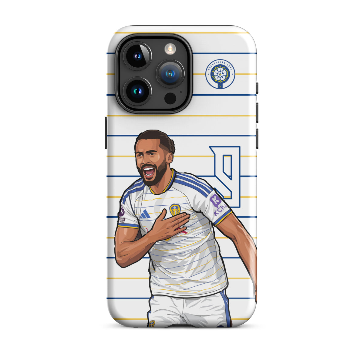 Tough iPhone case with white and blue horizontal stripes and player celebration graphic
