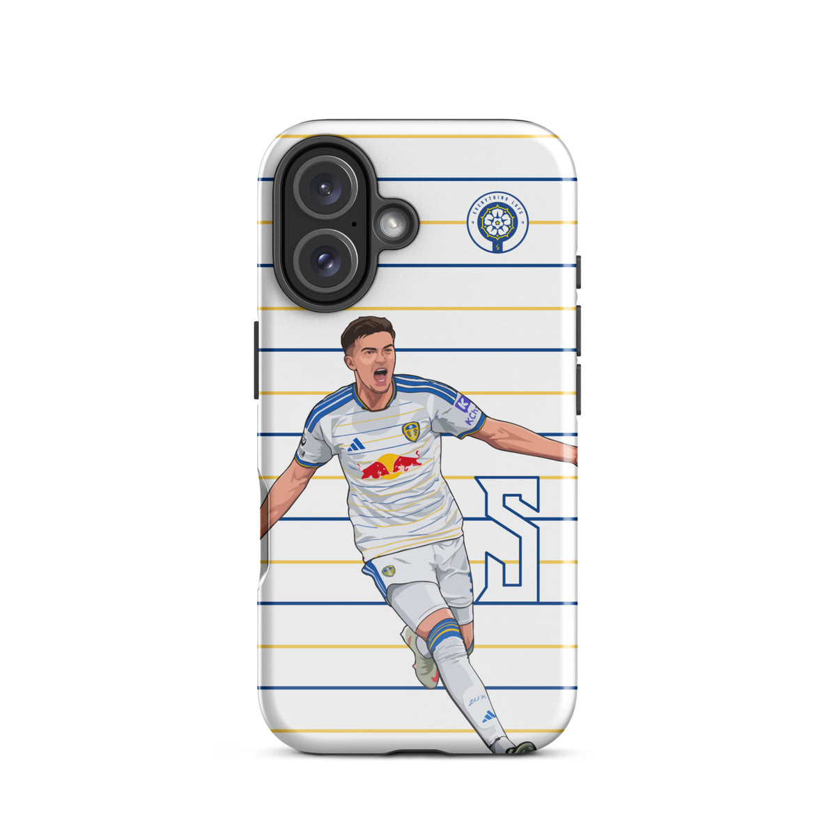 Tough iPhone case with blue-and-gold striped pattern, soccer player graphic, and camera openings.