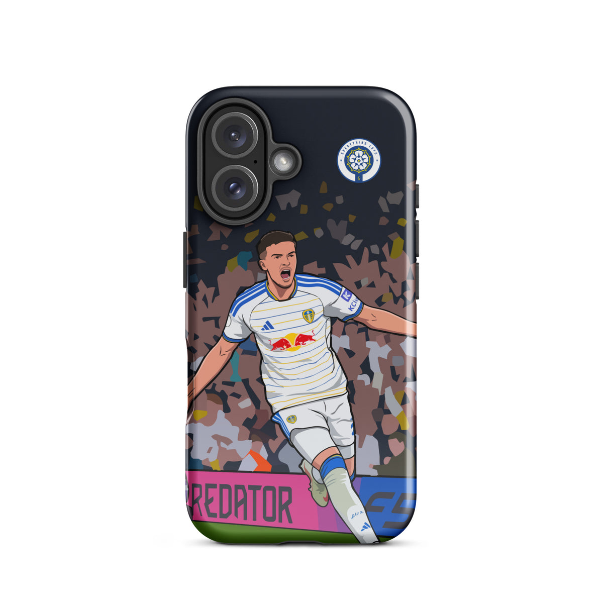 Tough phone case with close angle, club badge, and soccer player action graphic