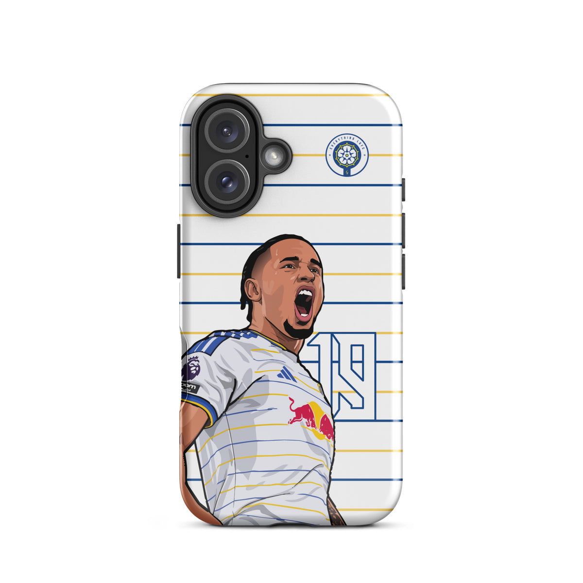 Tough iPhone case with striped player graphic and black camera openings