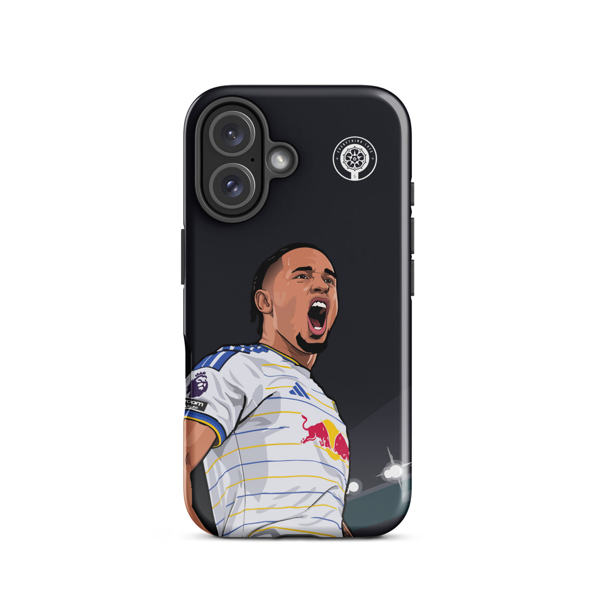 Black tough iPhone case with Okafor celebration graphic, crest badge, striped jersey, dual-camera cutouts.