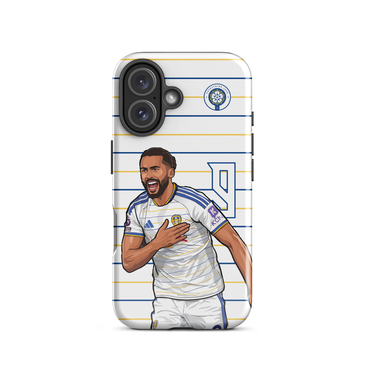 Tough iPhone case with blue-white stripes, Calvert-Lewin graphic, and Leeds crest